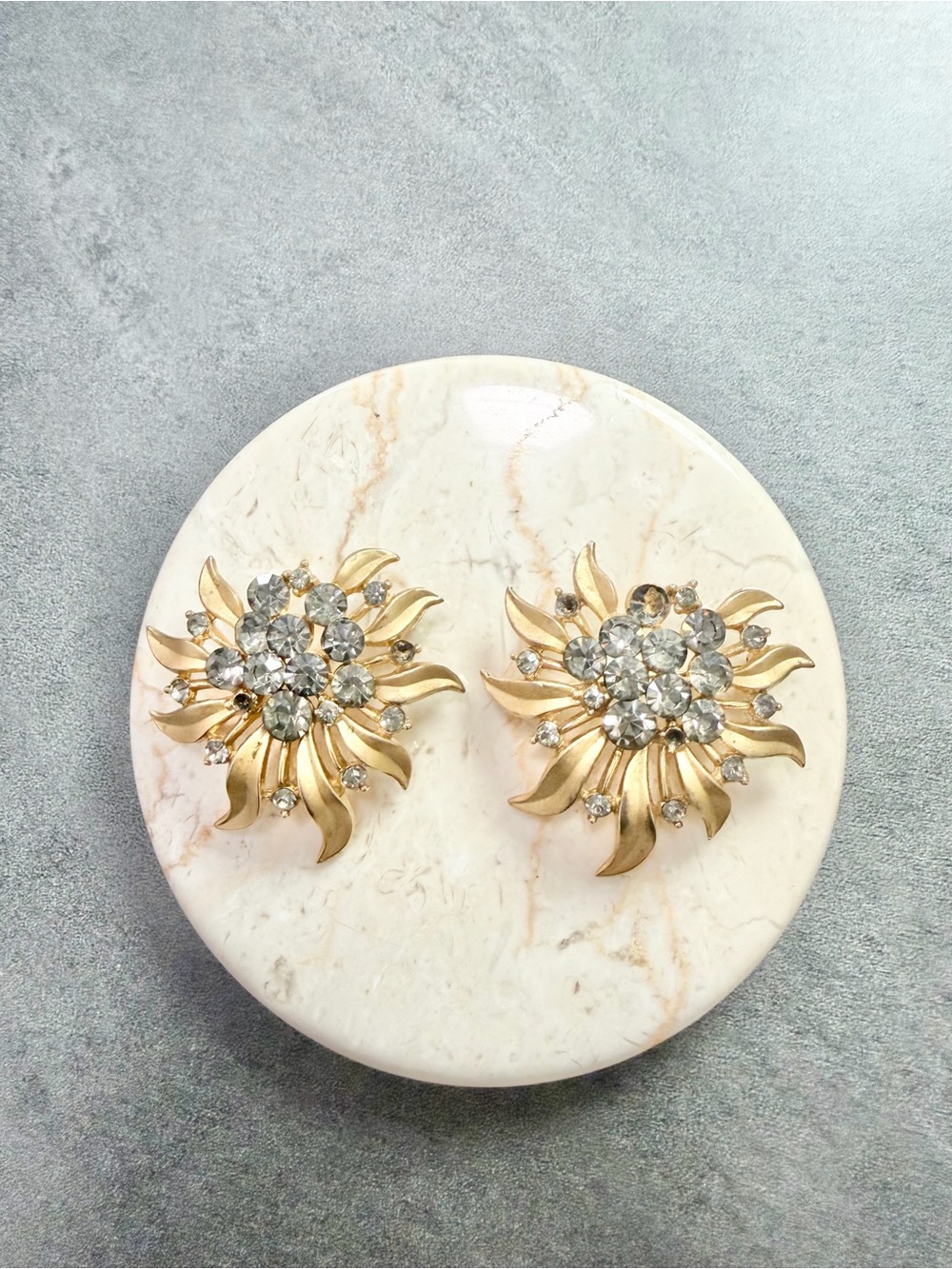 Vintage Crown Trifari Set of two Brooches Brushed Gold Tone Smoky Rhinestones